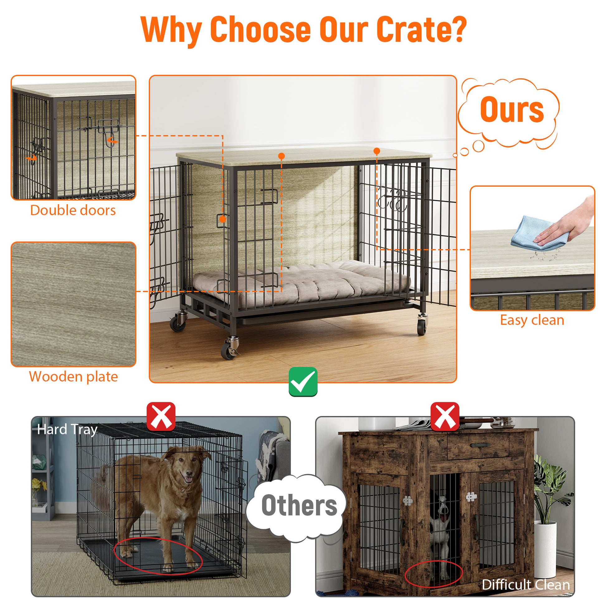 Garvee Dog Crate Furniture, Double Doors Wooden Dog Kennel Cage, 32.5" Indoor Dog Crate with Pull-Out Tray & Removable Wheels, Decorative End Table Pet House Chew-Resistant for Medium Dog, Grey