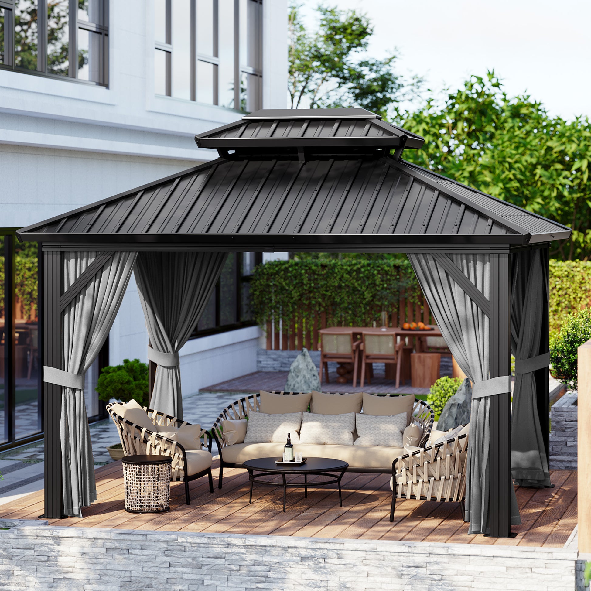Garvee 10'x12' Outdoor Patio Gazebo with Aluminum Alloy Iron Plate Double Roof Eaves Galvanized Sheet for Backyard Lawn Deck Grey