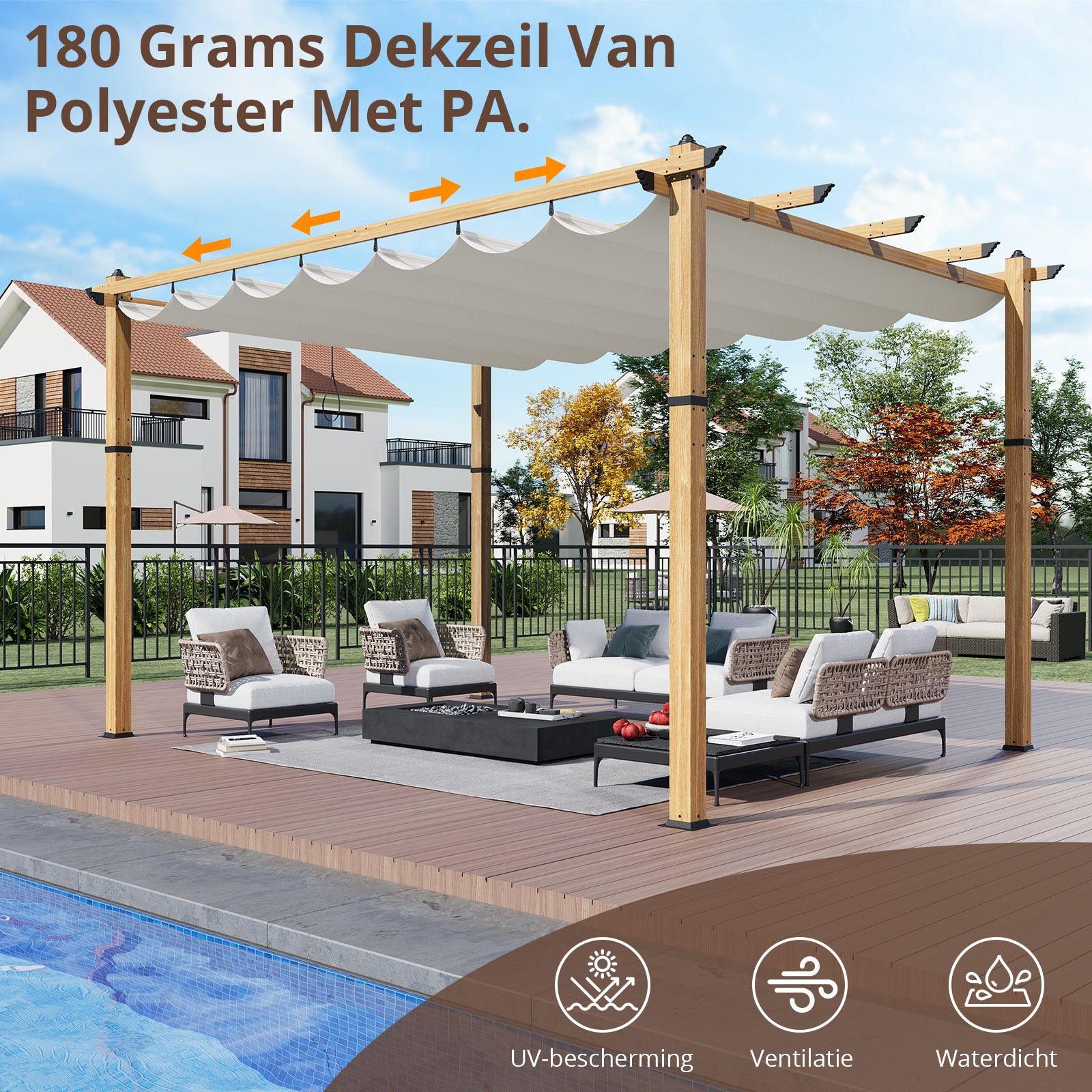 Garvee 10′ X 13′ Wood-Grain Aluminum Pergola with Retractable Canopy UV50+ Sun Protection for Backyard Patio Porch Grape Trellis,Beige