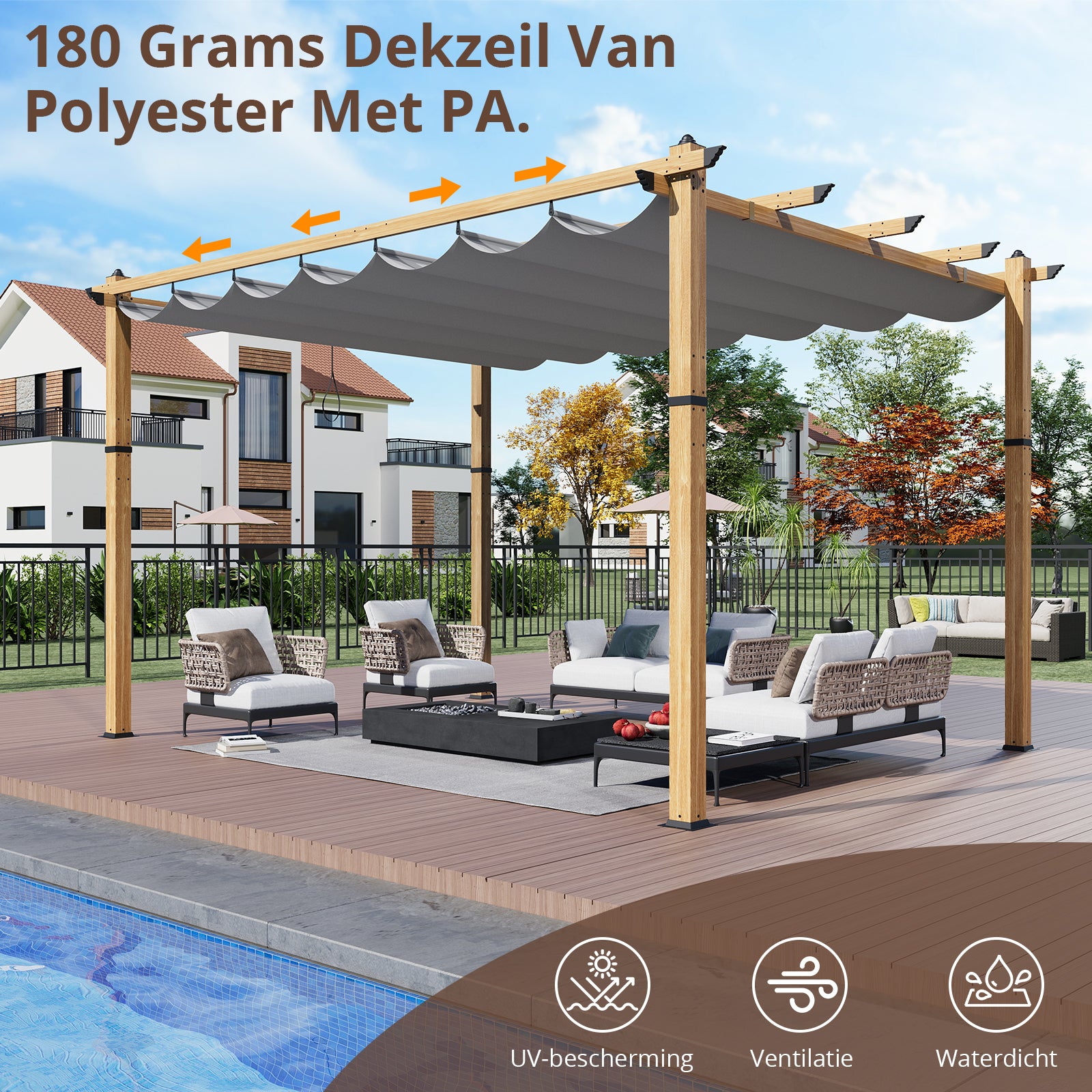 Garvee 10′ X 13′ Wood-Grain Aluminum Pergola with Retractable Canopy UV50+ Sun Protection for Backyard Patio Porch Grape Trellis,Grey