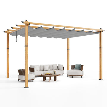 Garvee 10′ X 13′ Wood-Grain Aluminum Pergola with Retractable Canopy UV50+ Sun Protection for Backyard Patio Porch Grape Trellis,Grey