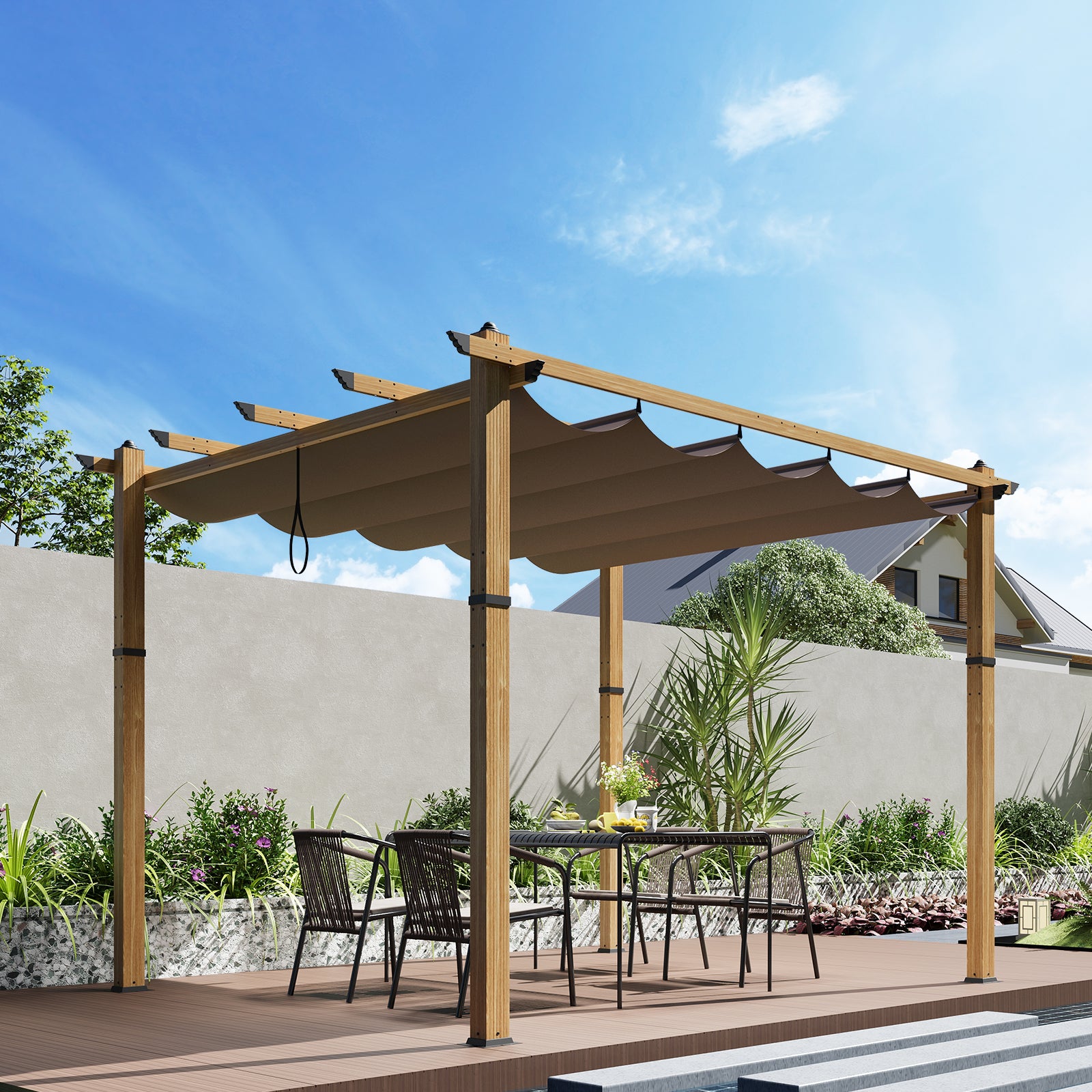 Garvee 10′ X 10′ Wood-Grain Aluminum Pergola with Retractable Canopy for Backyard Patio Porch Grape Trellis,Khaki