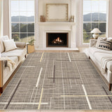 Garvee Contemporary Rug 8x10 Washable Area Rug Modern Abstract Non Slip Soft Throw Rug Linear Geometric Foldable Low Pile Floor Cover for Living Room Bedroom Nursery Office Decor, Brown - Brown