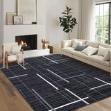 Garvee Washable Modern Rug 9x12 Large Linear Geometric Living Room Rug Non Slip Abstract Foldable Ultra Thin Accent Throw Rug Stain Resistant Soft Carpet for Home Office Decor, Black - Black