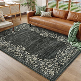 Garvee 9x12 Large Area Rugs for Bedroom Vintage Washable Rugs Non Slip Rug for Living Room Floral Border Rug Low Pile Soft Rug Office Carpet for Dining Room Home Decor, Black - Black