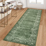 Garvee 2x6 Green Kitchen Rugs Washable Non-Slip Runner Rug for Hallway Vintage Distressed Printed Bedside Rugs Floral Bordered Entryway Runners for Bedroom Laundry Room - Green