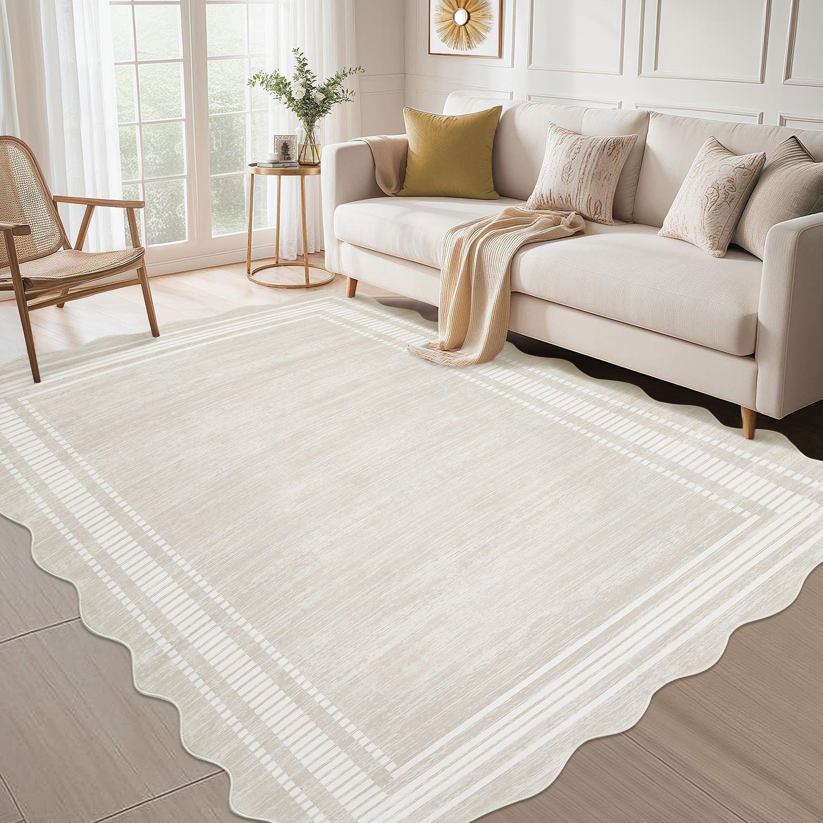 Garvee 4x6 Washable Scalloped Area Rug, Non-Slip Cream White Low-Pile Rug for Living Room, Bedroom, Kitchen, Bathroom & Entryway