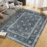 Garvee Dark Grey 5x7 Washable Area Rug for Entryway Moss Soft Non-Slip Indoor Door Mat Distressed Floral Low-Pile Kitchen Rugs - Dark Gray