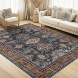 Garvee Washable Area Rug 5x7 Floral Printed Indoor Mat with Non-Slip Backing, Traditional Distressed Accent Rug, Vintage Low Pile Throw Rug for Bedroom, Living Room, Kitchen, Blue Orange - Blue Orange