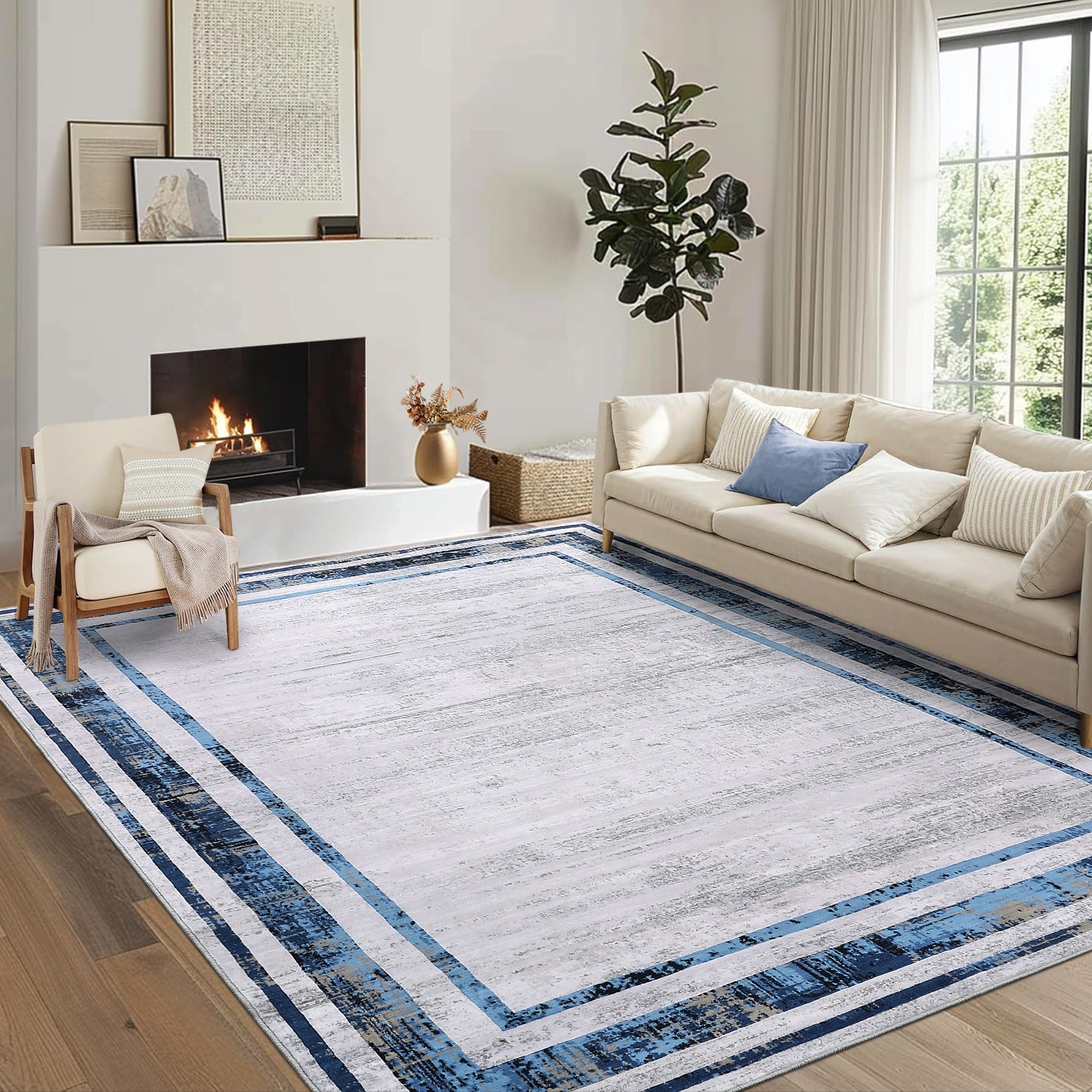 Garvee Large Washable Rug 10x13 Area Rug Modern Rug Distressed Border Rug Minimalist Blue Rug, Non Slip Soft Rug, Contemporary Accent Rug, Foldable Thin Rug for Living Room Bedroom