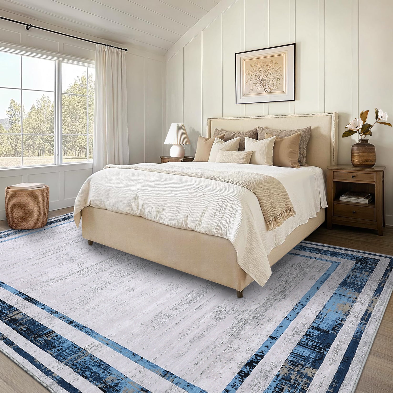 Garvee Large Washable Rug 10x13 Area Rug Modern Rug Distressed Border Rug Minimalist Blue Rug, Non Slip Soft Rug, Contemporary Accent Rug, Foldable Thin Rug for Living Room Bedroom