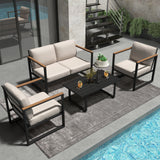 Garvee 4-Piece Outdoor Patio Furniture Set - Metal Conversation Set with Loveseat, 2 Chairs & Coffee Table - All-Weather Thick Cushioned Seating for Porch, Deck, Garden, Balcony, Bistro, Black, Beige - Black+Beige