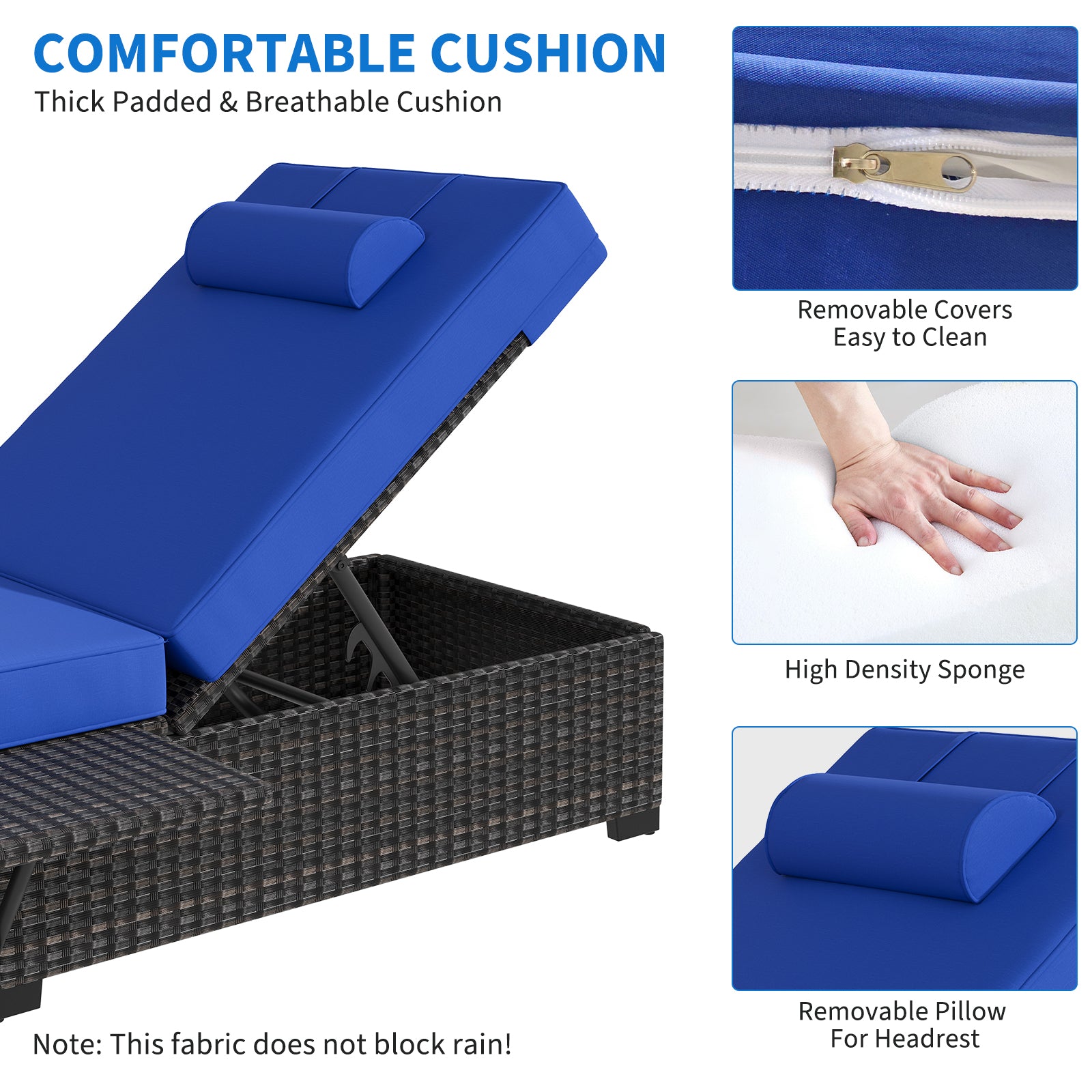 Garvee Set of 2 Outdoor Chaise Lounge Chairs with Side Table, PE Rattan Recliners with 6-Position Backrest & Blue Cushions for Poolside Patio