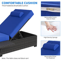 Garvee Set of 2 Outdoor Chaise Lounge Chairs with Side Table, PE Rattan Recliners with 6-Position Backrest & Blue Cushions for Poolside Patio