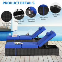 Garvee Set of 2 Outdoor Chaise Lounge Chairs with Side Table, PE Rattan Recliners with 6-Position Backrest & Blue Cushions for Poolside Patio