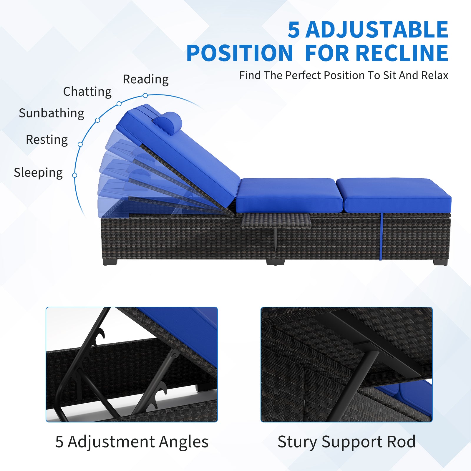 Garvee Set of 2 Outdoor Chaise Lounge Chairs with Side Table, PE Rattan Recliners with 6-Position Backrest & Blue Cushions for Poolside Patio