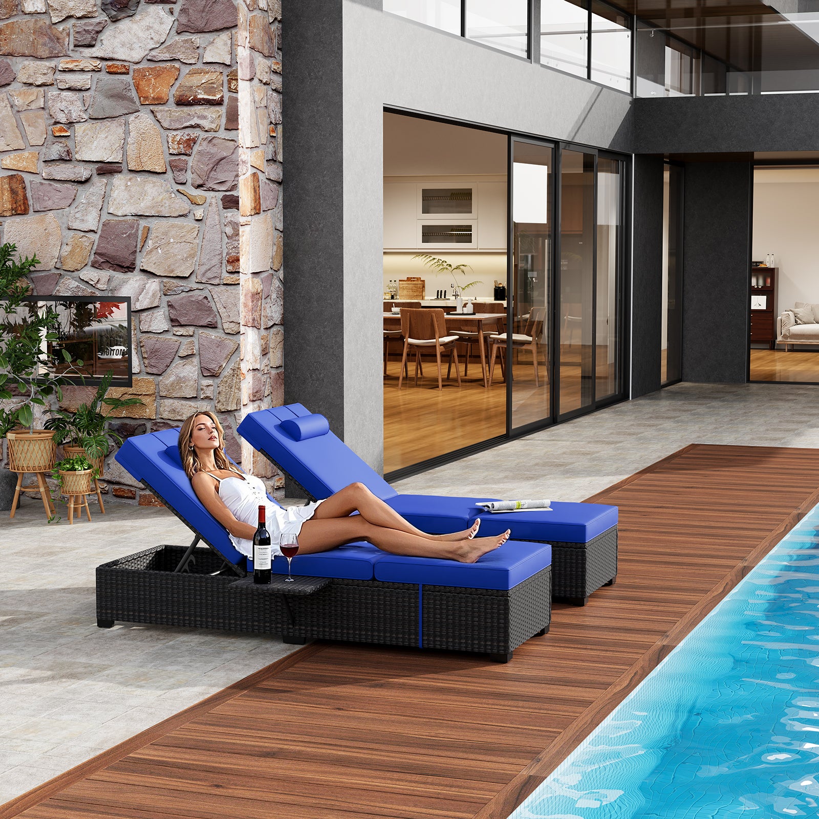 Garvee Set of 2 Outdoor Chaise Lounge Chairs with Side Table, PE Rattan Recliners with 6-Position Backrest & Blue Cushions for Poolside Patio