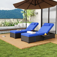Garvee Set of 2 Outdoor Chaise Lounge Chairs with Side Table, PE Rattan Recliners with 6-Position Backrest & Blue Cushions for Poolside Patio