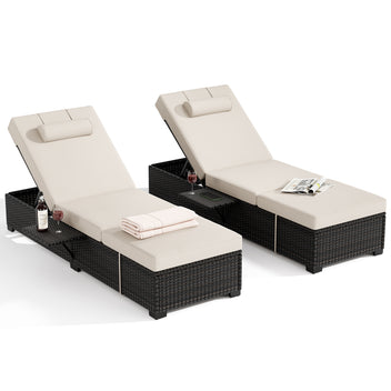 Garvee Set of 2 Outdoor Chaise Lounge Chairs with Side Table, PE Rattan Recliners with 6-Position Backrest & Blue Cushions for Poolside Patio