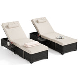Garvee Set of 2 Outdoor Chaise Lounge Chairs with Side Table, PE Rattan Recliners with 6-Position Backrest & Blue Cushions for Poolside Patio - Brown Four-line Rattan + Earth Gray Cushion
