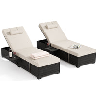 Garvee Set of 2 Outdoor Chaise Lounge Chairs with Side Table, PE Rattan Recliners with 6-Position Backrest & Blue Cushions for Poolside Patio