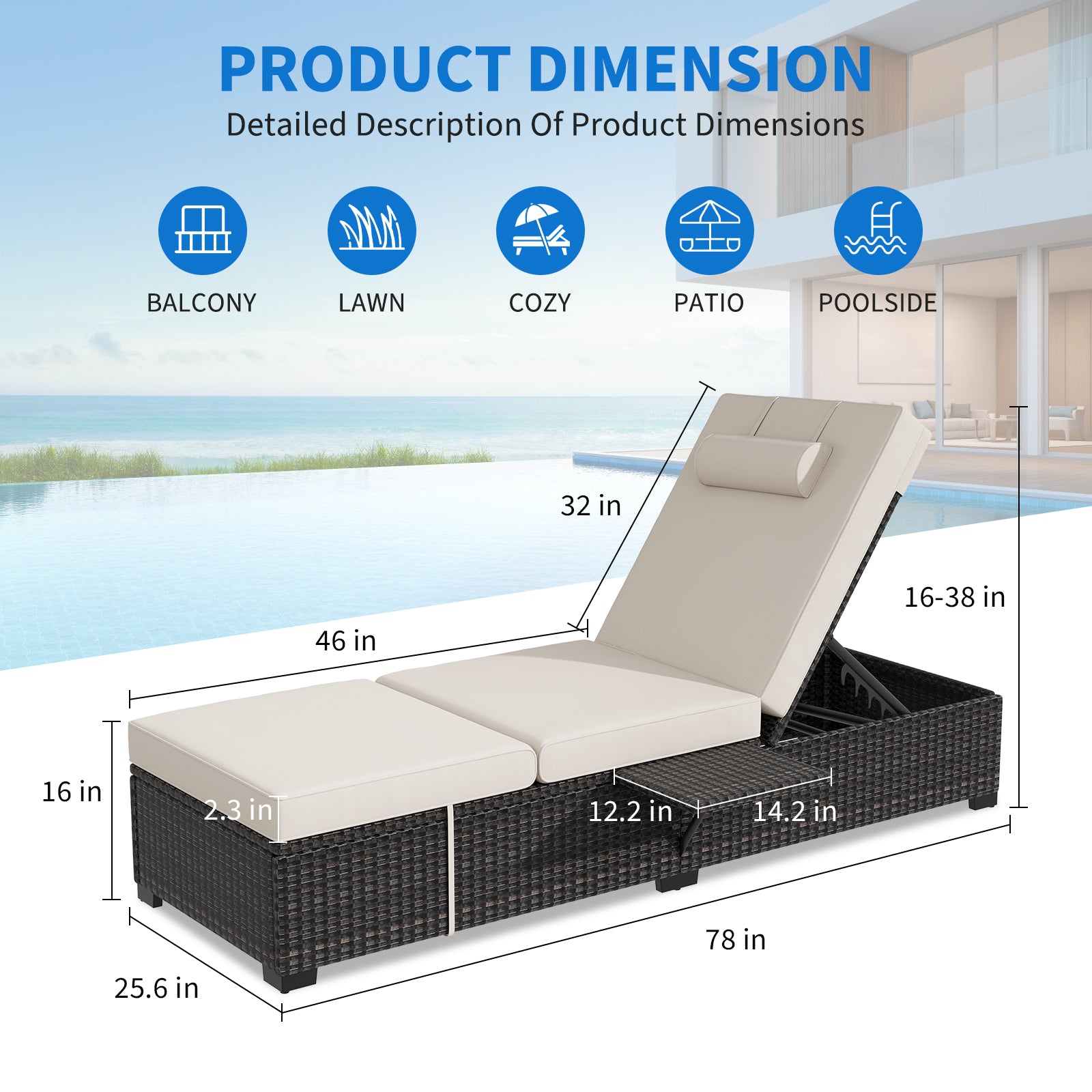 Garvee Set of 2 Outdoor Chaise Lounge Chairs with Side Table, PE Rattan Recliners with 6-Position Backrest & Blue Cushions for Poolside Patio