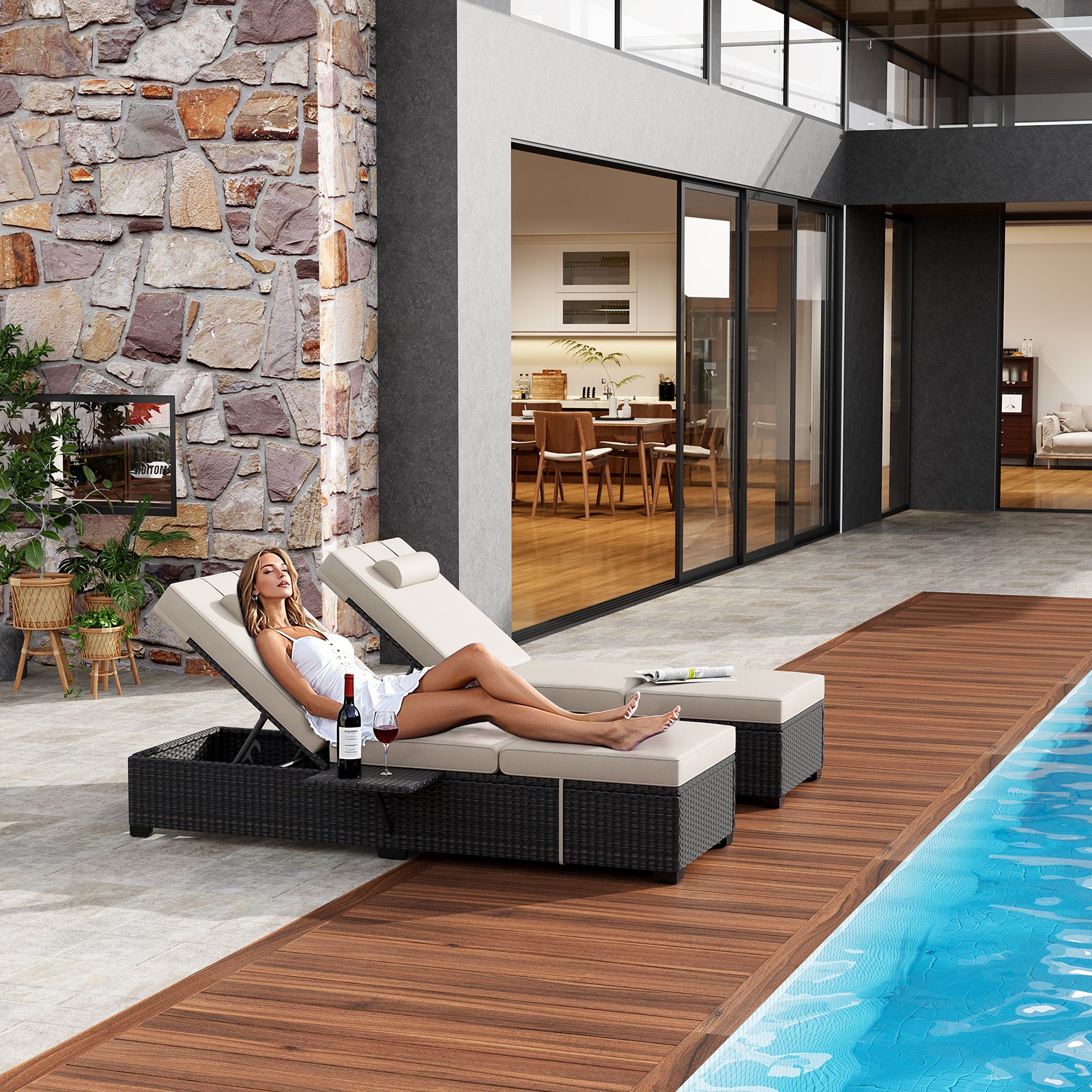 Garvee Set of 2 Outdoor Chaise Lounge Chairs with Side Table, PE Rattan Recliners with 6-Position Backrest & Blue Cushions for Poolside Patio