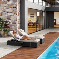 Garvee Set of 2 Outdoor Chaise Lounge Chairs with Side Table, PE Rattan Recliners with 6-Position Backrest & Blue Cushions for Poolside Patio