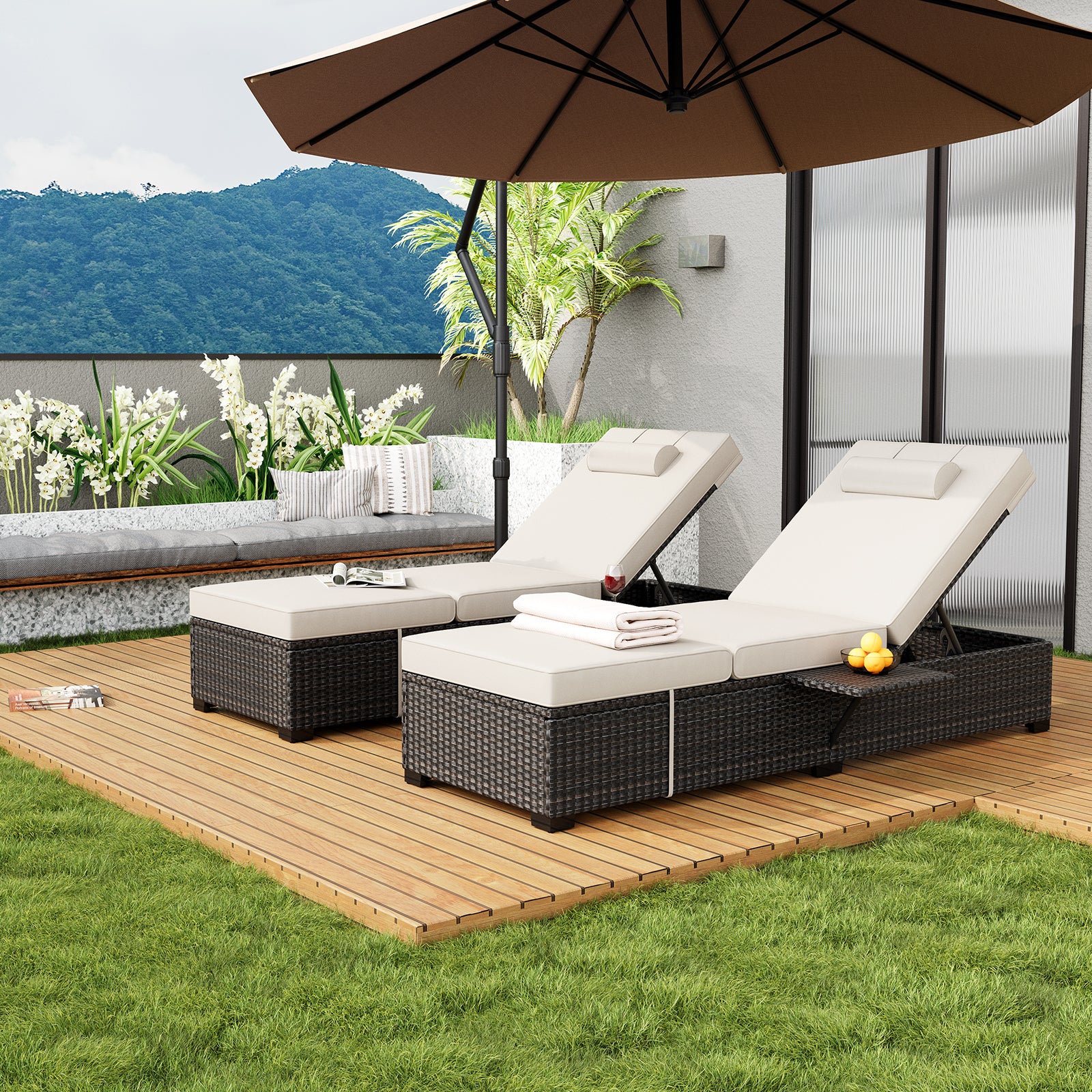 Garvee Set of 2 Outdoor Chaise Lounge Chairs with Side Table, PE Rattan Recliners with 6-Position Backrest & Blue Cushions for Poolside Patio