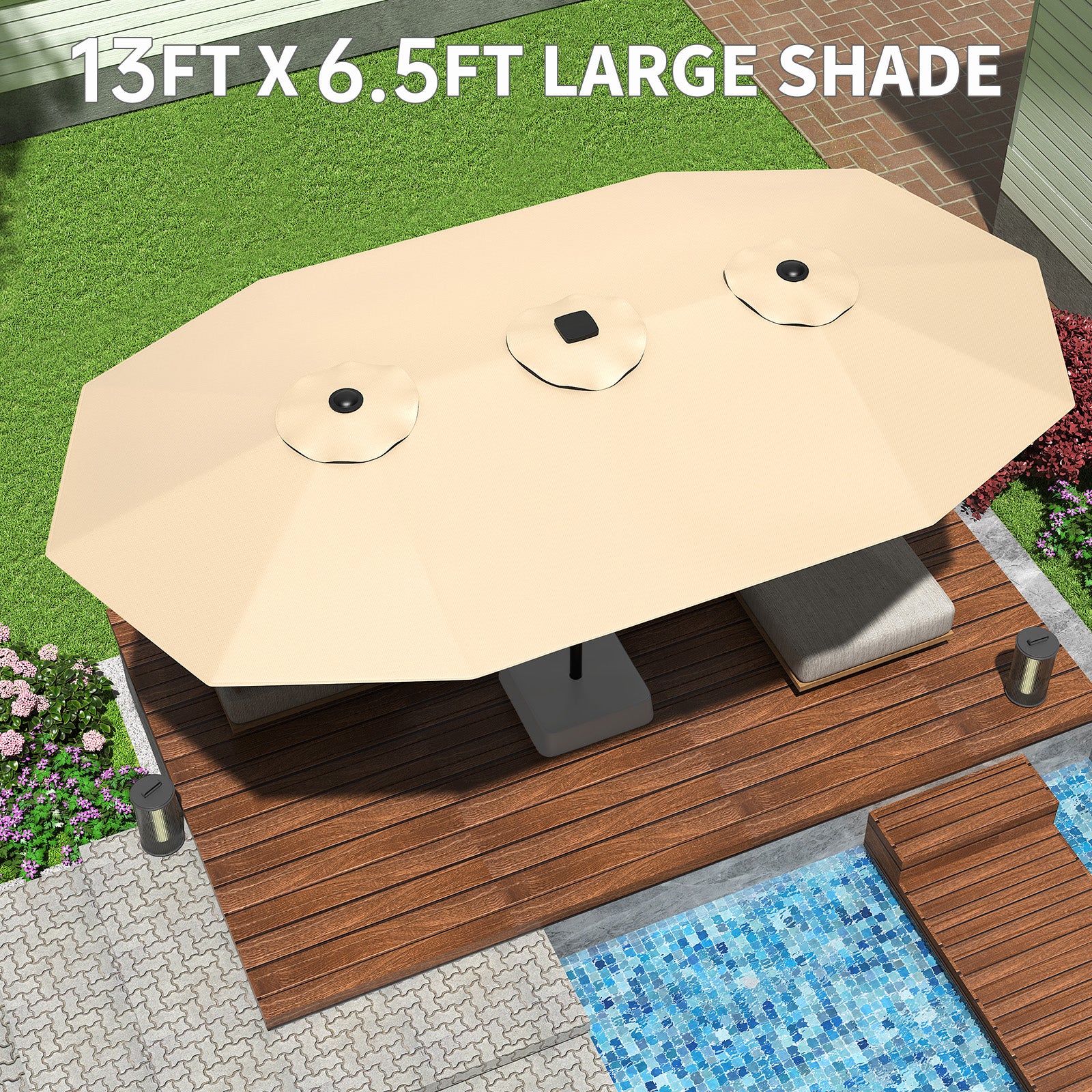 Garvee 13ft Double-Sided Patio Umbrella, Rectangular Outdoor Market Umbrella with Crank Handle, UV-Blocking Canopy for Backyard, Poolside & Deck, Beige