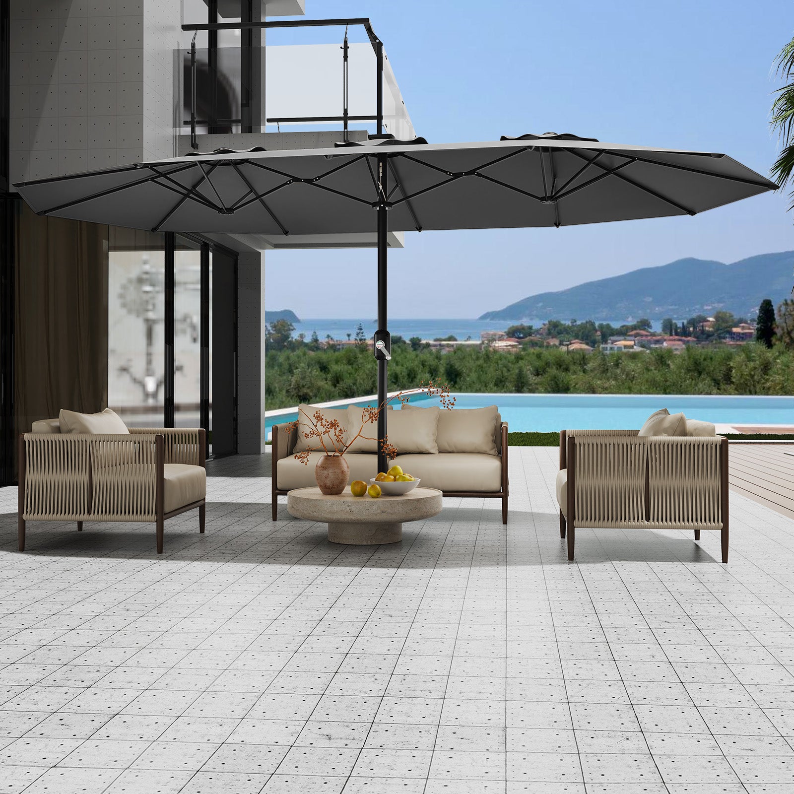 Garvee 13' Double-Sided Umbrella, Outdoor Patio Umbrellas, Rectangle Market Umbrella with Crank Handle, Large Patio Umbrell for Poolside Backyard, Grey