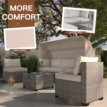 Garvee 6 Piece Set of Outdoor Daybeds, Daybed with Retractable Canopy