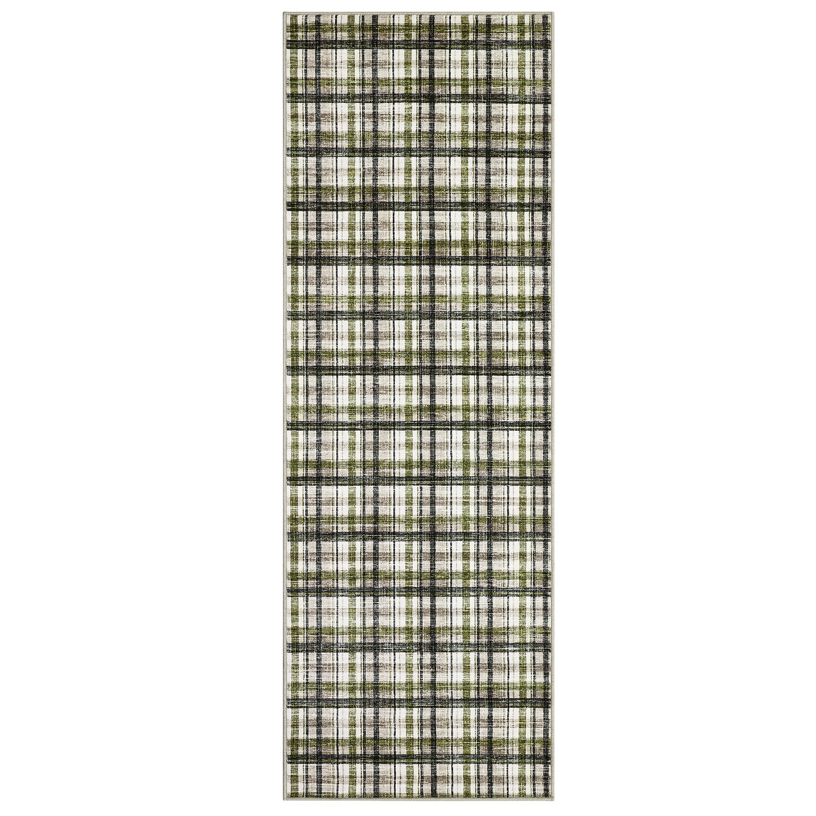 Garvee 2x8 Plaid Runner Rug Washable Non-Slip Low Pile Hallway Carpet, Soft Farmhouse Kitchen Runner for Bedroom Entryway, Green & Taupe
