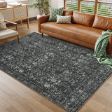 Garvee Large Area Rugs 9x12 Washable Vintage Printed Living Room Rug with Non-Slip Backing, Oriental Distressed Indoor Mat, Stain-Resistant Low Pile Floor Cover for Dining Room, Black - Black
