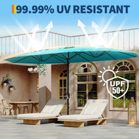 Garvee 15' Large Patio Umbrella with Base, Outdoor Double-Sided Rectangle Market Umbrella Outside Umbrellas for Poolside Lawn Backyard, Misty Blue