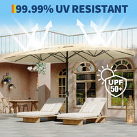 Garvee 15'×9' Double-Sided Patio Umbrella with Base, UPF50+ Rectangular Outdoor Market Umbrella with Crank Lift for Poolside, Deck & Backyard, Beige
