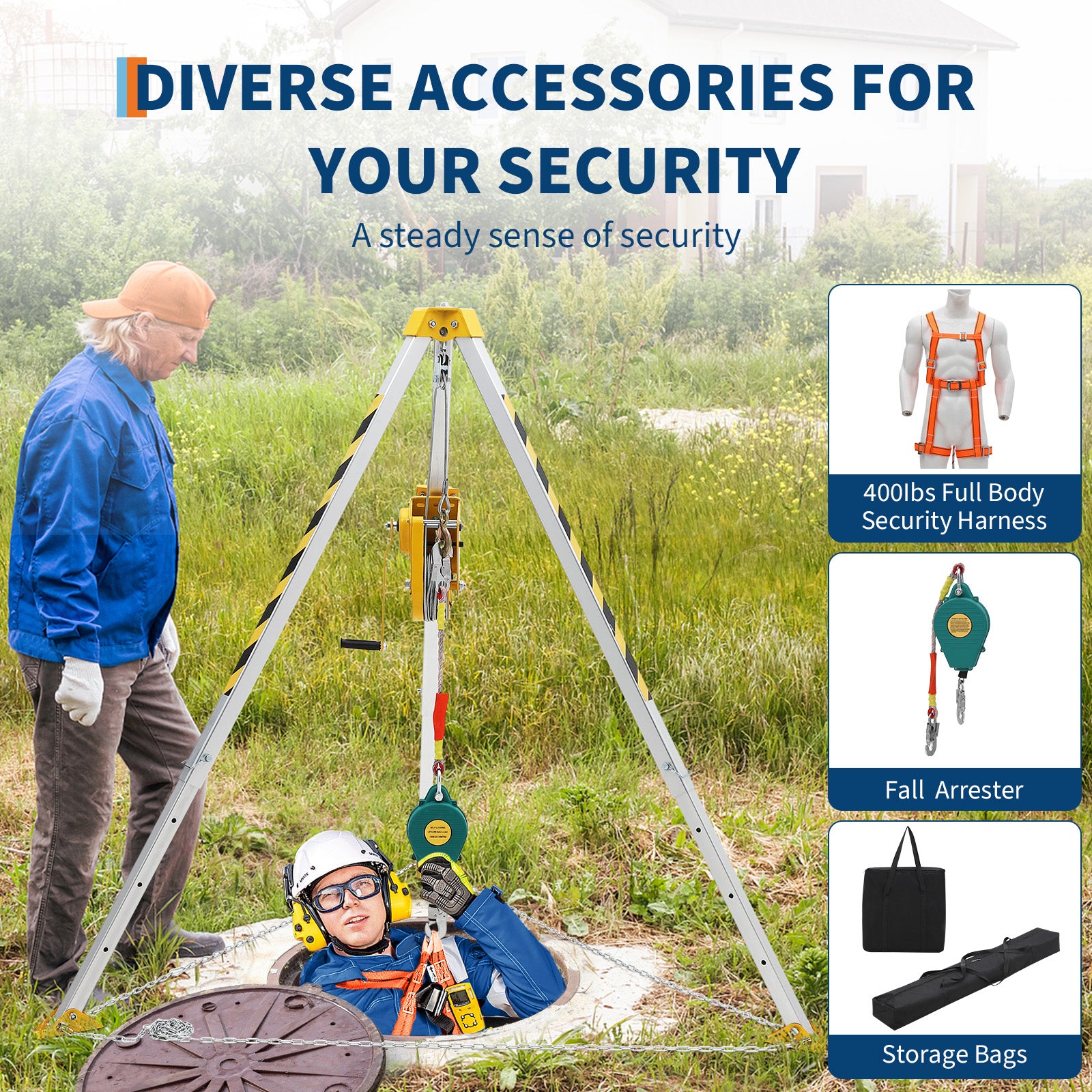 Garvee 8' Adjustable Legs Telescoping Tripod Kit - 1200LB Forged Alloy Steel w/Winch & Anti-Rotation Pulley for Industrial Rescue