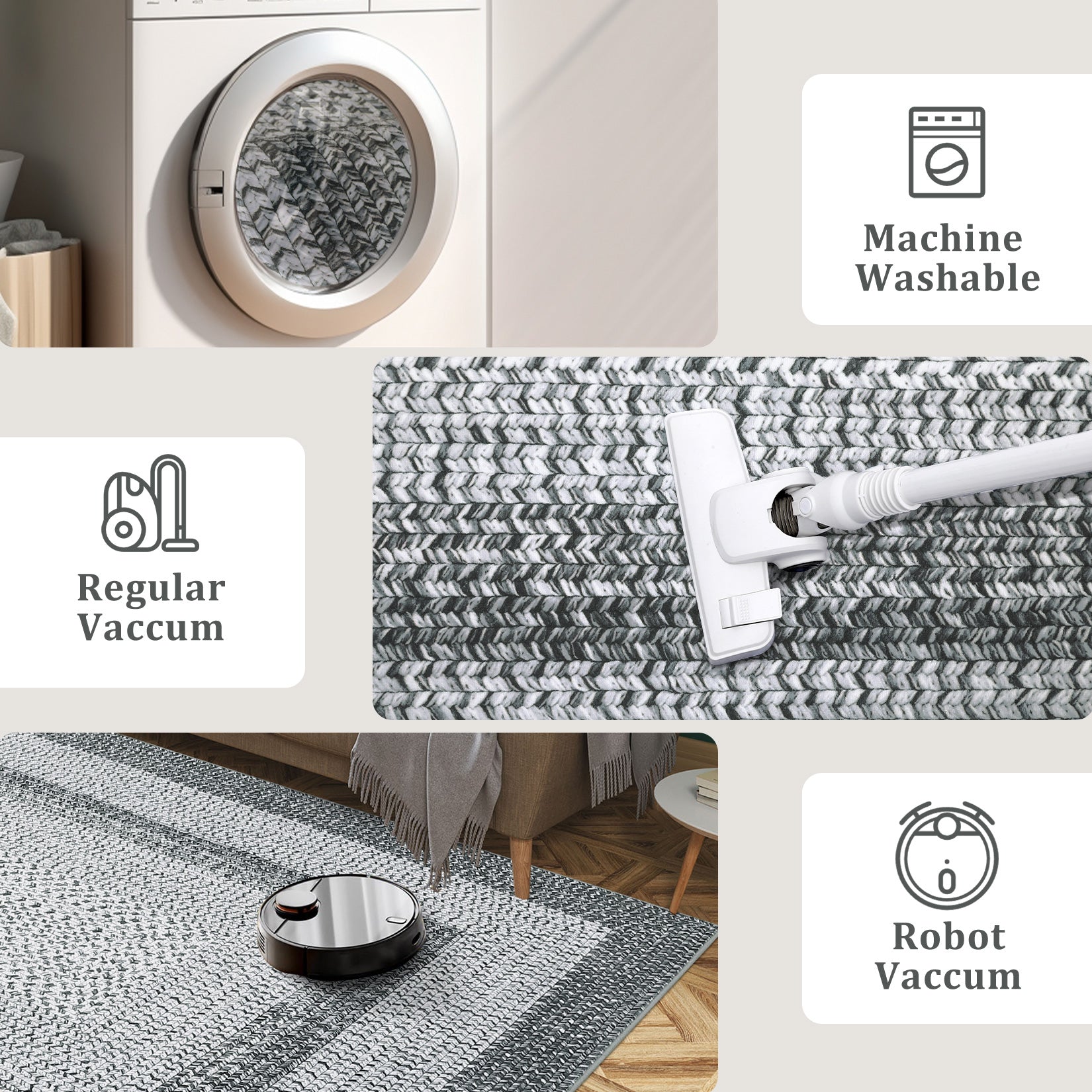 Garvee 5x7 Braided Print Area Rug Washable Non Slip Low Pile Soft Large Carpet Grey for Living Room Bedroom Dining Room Office