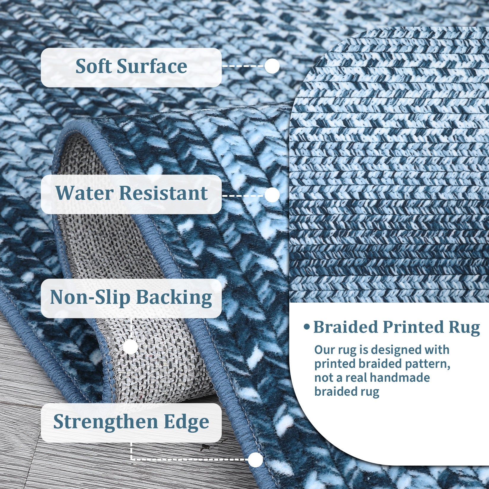 Garvee Bordered Grey Blue 6x9 Washable Boho Braided Area Rug, Vintage Low-Pile Carpet with Non-Slip TPR Backing, Foldable Polyester for Living Room, Bedroom, Office