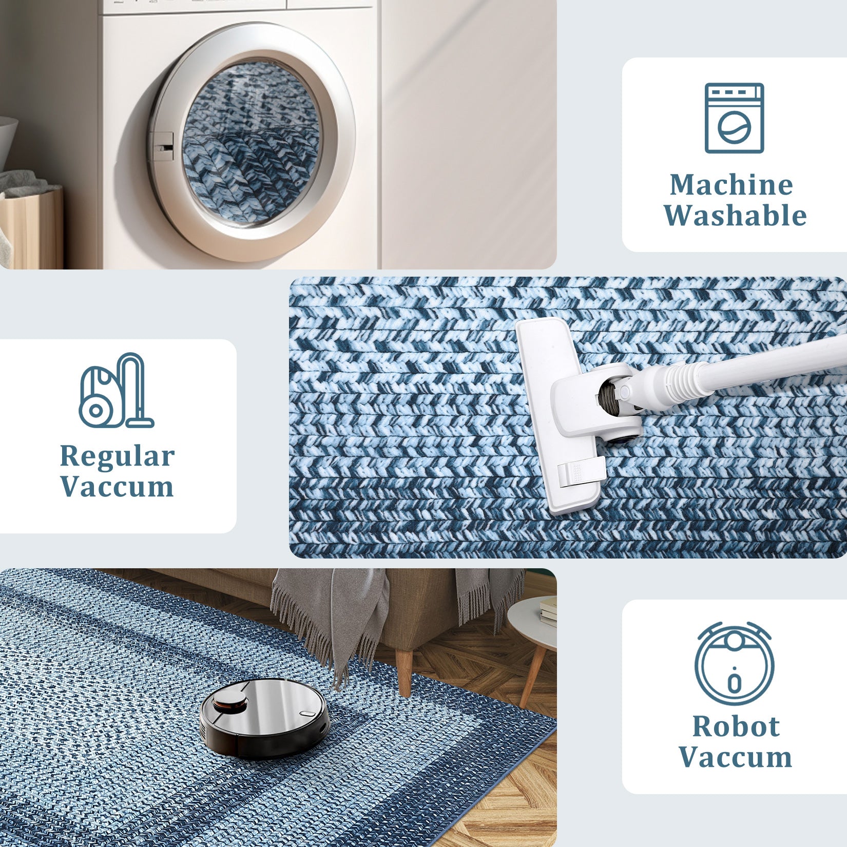 Garvee Bordered Grey Blue 6x9 Washable Boho Braided Area Rug, Vintage Low-Pile Carpet with Non-Slip TPR Backing, Foldable Polyester for Living Room, Bedroom, Office