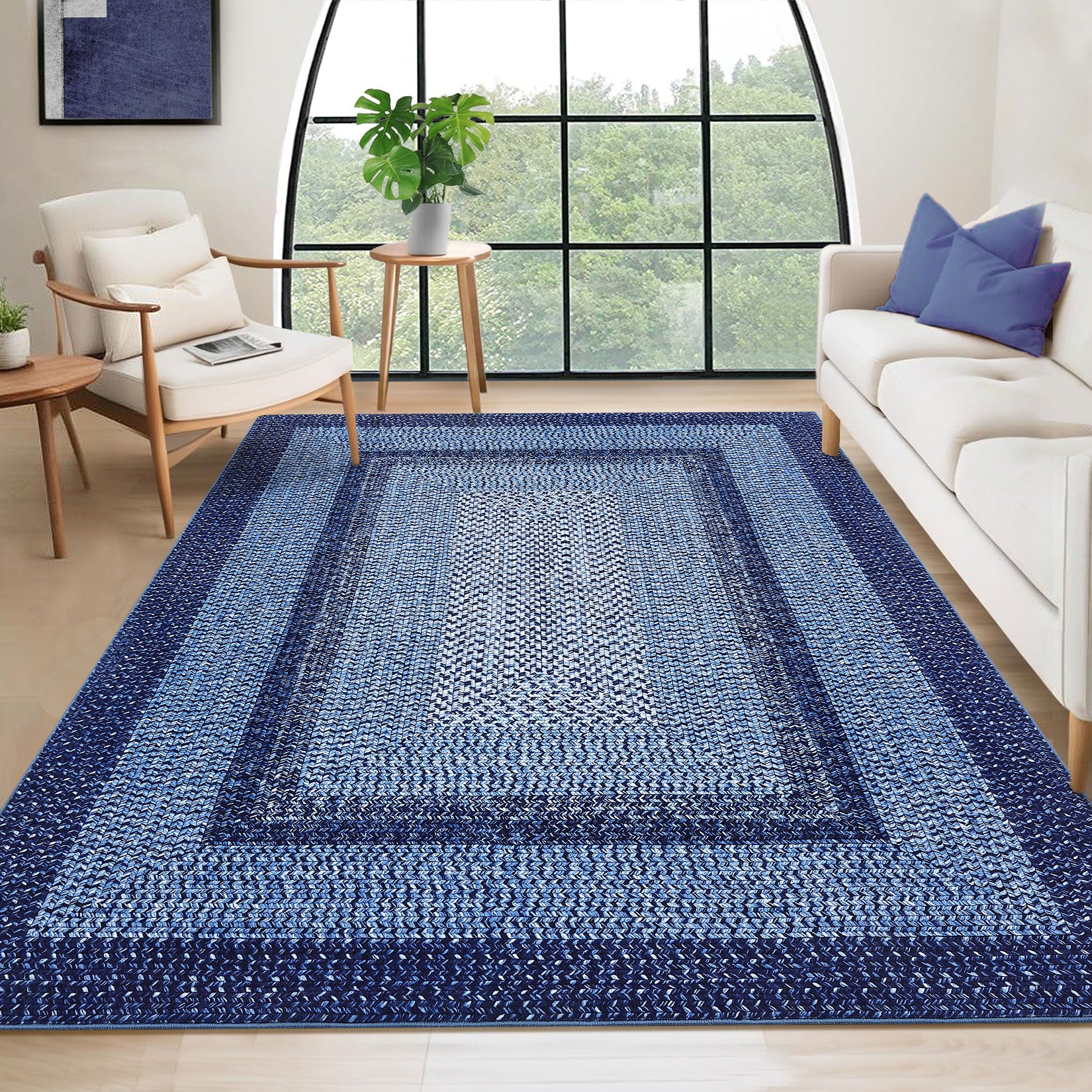 Garvee Bordered Navy Blue 10x13 Washable Rug for Living Room - Boho Braided Print, Non-Slip, Low Pile, Foldable, Polyester, Navy - Cozy & Minimalist