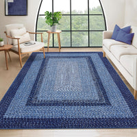 Garvee Bordered Navy Blue 10x13 Washable Rug for Living Room - Boho Braided Print, Non-Slip, Low Pile, Foldable, Polyester, Navy - Cozy & Minimalist
