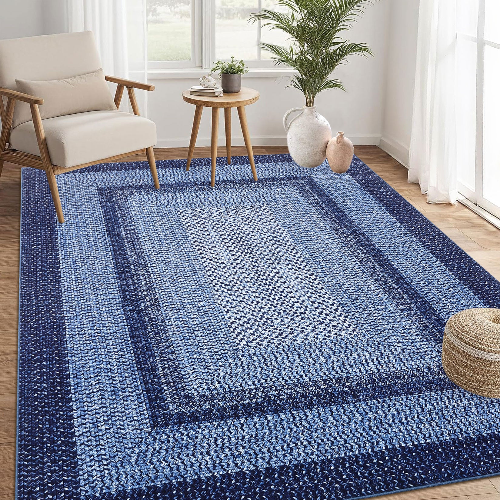 Garvee Bordered Navy Blue 8x10 Boho Braided Area Rug, Washable Vintage Low-Pile Carpet with Non-Slip TPR Backing, Foldable Polyester for Living Room, Bedroom, Office