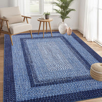 Garvee Bordered Navy Blue 8x10 Boho Braided Area Rug, Washable Vintage Low-Pile Carpet with Non-Slip TPR Backing, Foldable Polyester for Living Room, Bedroom, Office