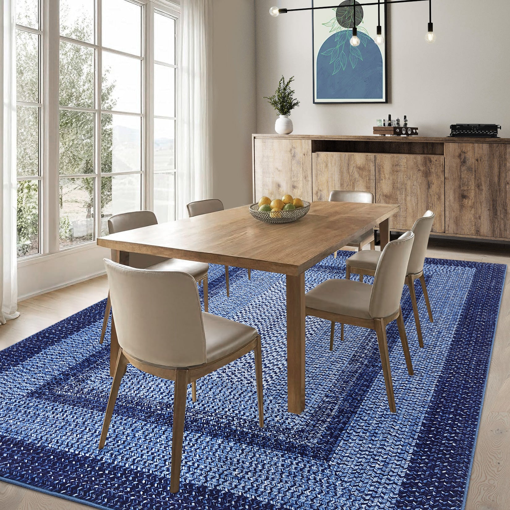 Garvee Bordered Navy Blue 8x10 Boho Braided Area Rug, Washable Vintage Low-Pile Carpet with Non-Slip TPR Backing, Foldable Polyester for Living Room, Bedroom, Office