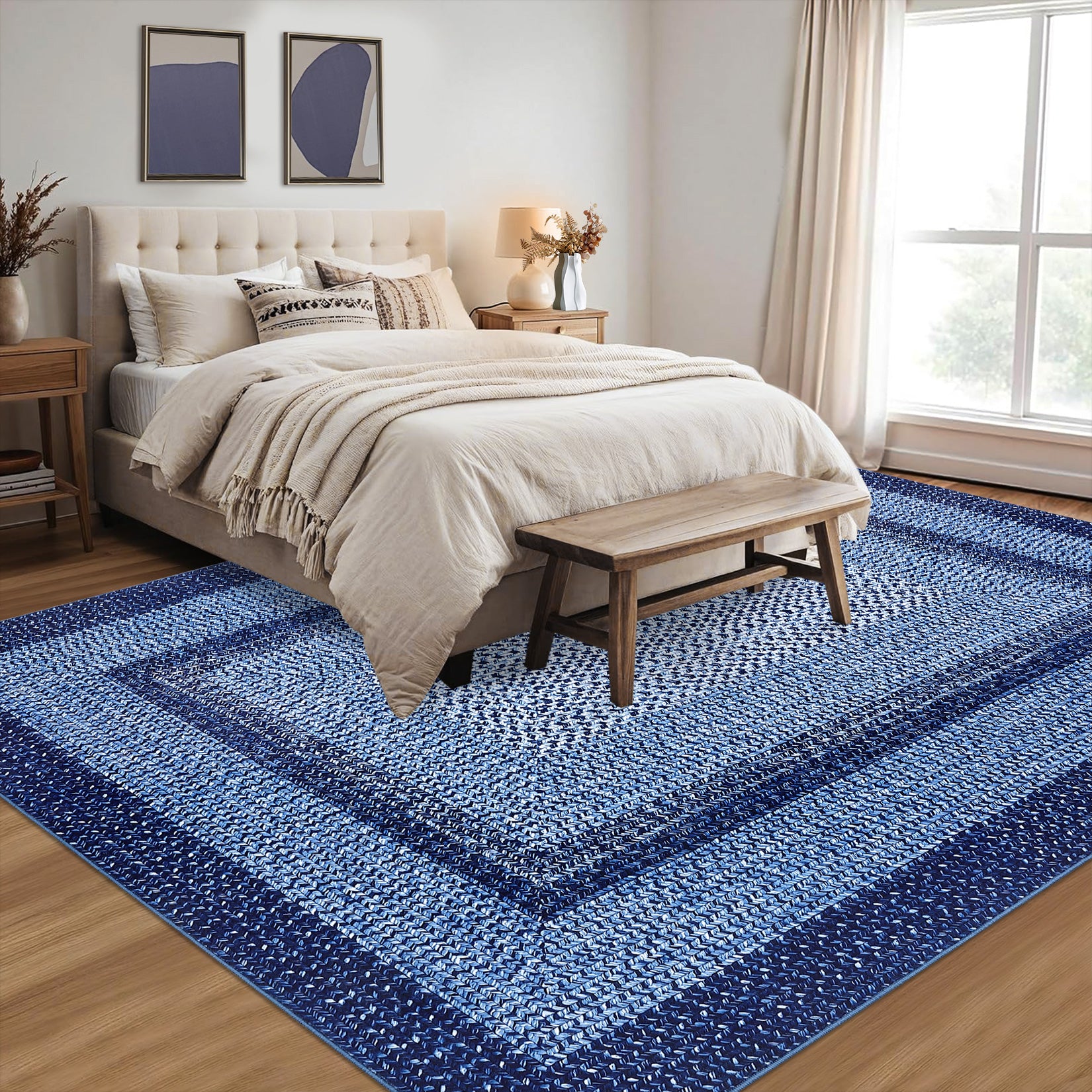 Garvee Bordered Navy Blue 10x13 Washable Rug for Living Room - Boho Braided Print, Non-Slip, Low Pile, Foldable, Polyester, Navy - Cozy & Minimalist