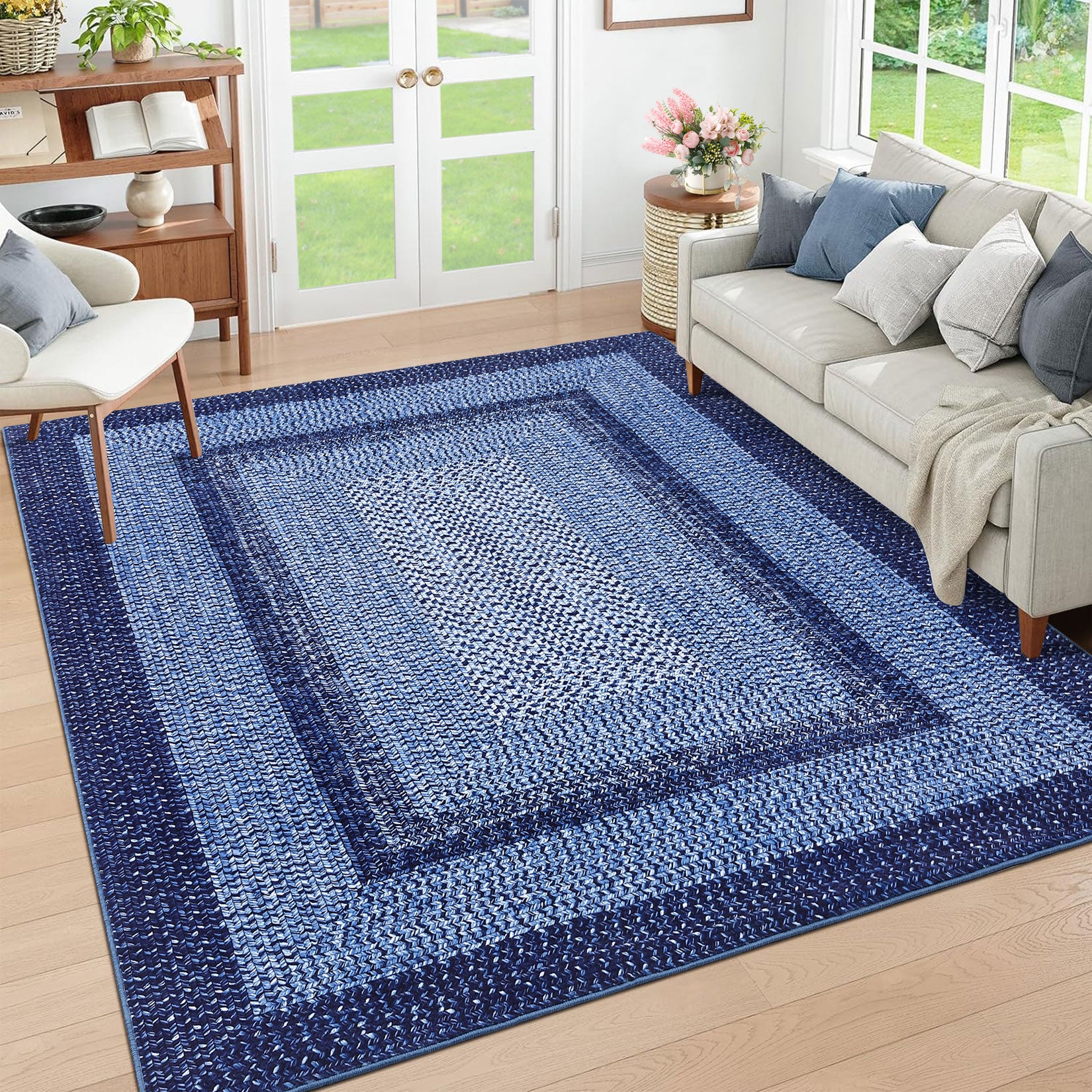 Garvee Bordered Navy Blue 8x10 Boho Braided Area Rug, Washable Vintage Low-Pile Carpet with Non-Slip TPR Backing, Foldable Polyester for Living Room, Bedroom, Office