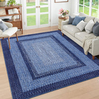 Garvee Bordered Navy Blue 8x10 Boho Braided Area Rug, Washable Vintage Low-Pile Carpet with Non-Slip TPR Backing, Foldable Polyester for Living Room, Bedroom, Office