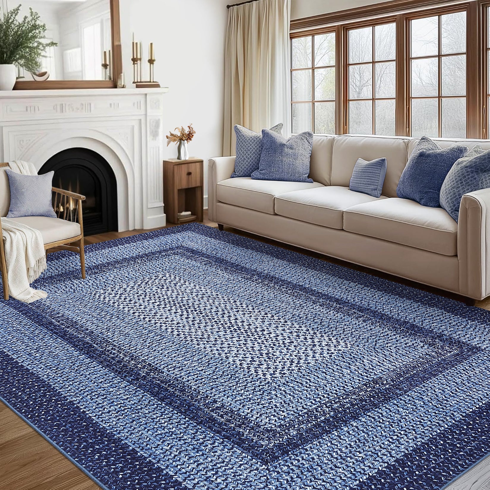 Garvee Bordered Navy Blue 10x13 Washable Rug for Living Room - Boho Braided Print, Non-Slip, Low Pile, Foldable, Polyester, Navy - Cozy & Minimalist