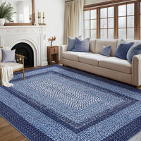 Garvee Bordered Navy Blue 10x13 Washable Rug for Living Room - Boho Braided Print, Non-Slip, Low Pile, Foldable, Polyester, Navy - Cozy & Minimalist